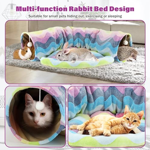 BWOGUE Bunny Tunnel Bed, 2-in-1 Collapsible Rabbit Tunnel Hideout with Mat - color: Rainbow