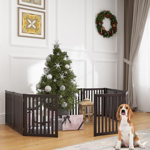 WELLAND Freestanding Pet Gate 4 Panel Wooden Step Over Dog Gate - color: Espresso, size: 4 Panel 80" Wide
