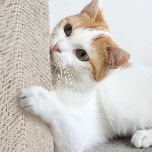 Cat Scratching Post with Carpeted Base - 27.75-Inch Sisal Burlap Fabric Scratcher - Furniture Scratching Deterrent for Indoor Cats by PETMAKER (Beige) - color: Beige