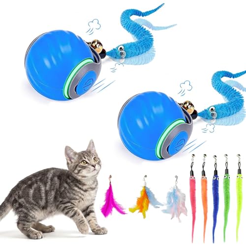 2 Pack Interactive Cat Toy Ball,Indoor Automatic Cat Toys with 8 Replaceable Worm and Feather Tails for Chasing,Rechargeable Enrichment Toys for Cats to Keep Them Busy,Blue + Blue - color: Blue, size: 2-Pack