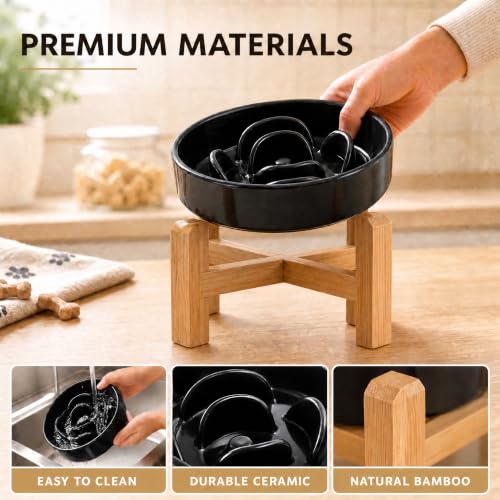 Elevated Ceramic Slow Feeder Dog Bowls Anti-Choking Slow Feeding for Small&Medium Size Anti-Slip Non-Lead & Toxic Durable Easy to Clean Maze Slow Feeder Bowl（8.26in Black Flower Pattern） - color: Black Flower Pattern, size: 1.6Cup
