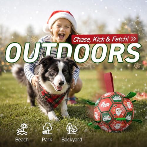 QDAN Christmas Dog Toys: Soccer Ball with Straps for Outdoor Play, Tug of War, Puppy Gifts - Durable 8-Inch Balls for Medium Large Dogs - color: Christmas 1, size: Large Size 3 (8 Inch)