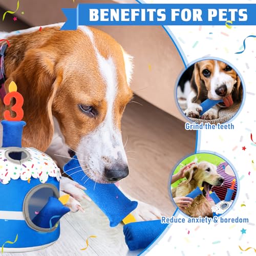 Foilswirl Dog 3rd Birthday Cake Toy Squeaky Interactive Dog Toy Hide and Seek Plush Dogs Puzzle Puppy Toys for Boredom Keep Them Busy for Small Medium Dogs(Blue) - size: Blue, style: 3rd