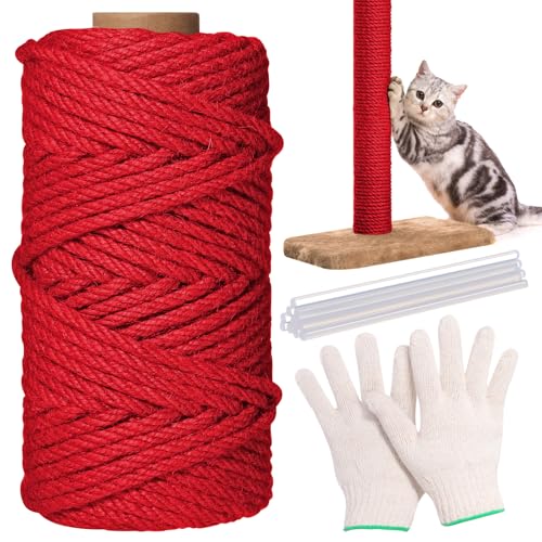 Natural Sisal Cat Rope for Posts, 1/4in ×164ft, Red - color: Red, size: 1/4in ×164ft