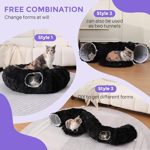 Plush Cat Tunnel Bed for Indoor Cats with Soft Cushion, Multi-Shape Play Cave with Hanging Balls, Large and Foldable Cat Donut Tunnel for Small and Large Pets (Black) - color: Black