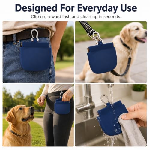 Silicone Dog Treat Pouch for Pet Training One-Hand Access One Cup Silicone Treat Bag with Pull Tab and Auto Closing Lid Treat Pouches for Leash(Color: Blue) - color: Blue
