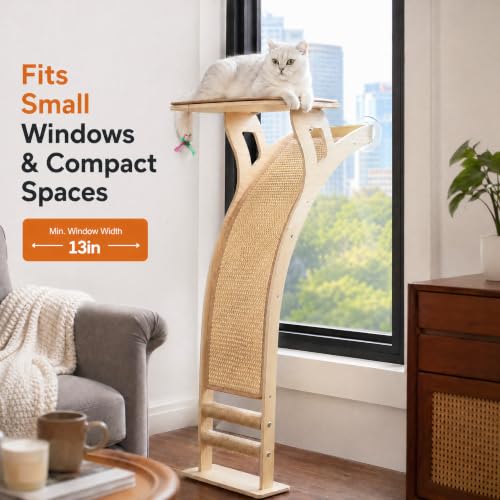 Cat Window Perch with Scratcher Ramp, 48-Inch Tall Wooden Climbing Tree - size: Medium