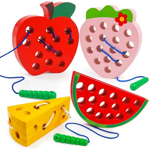 Wooden Toys Lacing Toys for Kids 3-5,Plane Activities Car Travel Toy Montessori Educational Learning Threading Toys for Fine Motor Easter Basket Stuffers Gift for Boys Girls(4 pcs) - style: Lacing toys-4 pack set