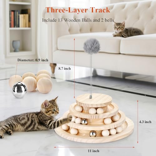 Large Upgraded Cat Track Ball Toy with Bell & Teaser Wand - 3-Layer Tower Roller, Interactive Wooden Cat Toy for Mental & Physical Exercise, Double Fun for Kittens & Adult Cats - size: 11.0