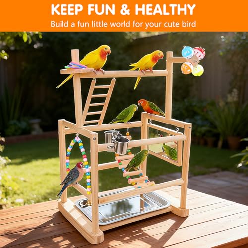 Bird Playground, 3 Tier Bird Perch Stand Parrot Playground Bird Tree with Parakeet Toys, Bird Ladder & Swing, Feeder Cups, Parakeet Mirror, and Removable Tray for Small to Medium Birds - size: 3 Tier