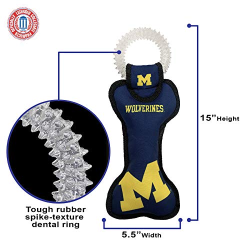 Pets First NCAA Michigan Wolverines Dental Dog TUG Toy with Squeaker. Tough PET Toy for Healthy Fun, Teething & Cleaning Pets Teeth & Gum - color: Michigan Wolverines