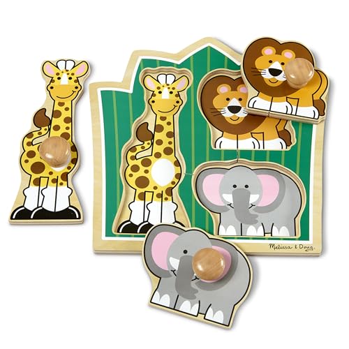 Melissa & Doug Jungle Friends Safari Animals Jumbo Knob Puzzle, Wooden Peg Puzzle for Toddlers, Educational Toy for Shape Recognition and Fine Motor Skills, Ages 1+ - size: Small (1 Puzzle), style: Safari Animals