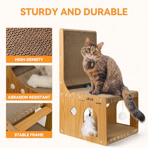 LIFLIX L-Shaped Double-Layer cat Scratching Board, Cardboard cat Scratching Post with Toys, Cat Scratcher & Hideaway for Indoor Cats to Scratch, Rest and Play