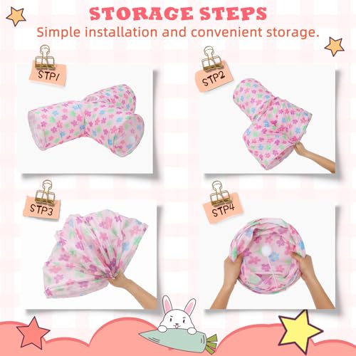 BWOGUE Bunny Tunnels & Tubes, 3-Way Collapsible Rabbit Hideout for Bunnies - color: Pinkflower