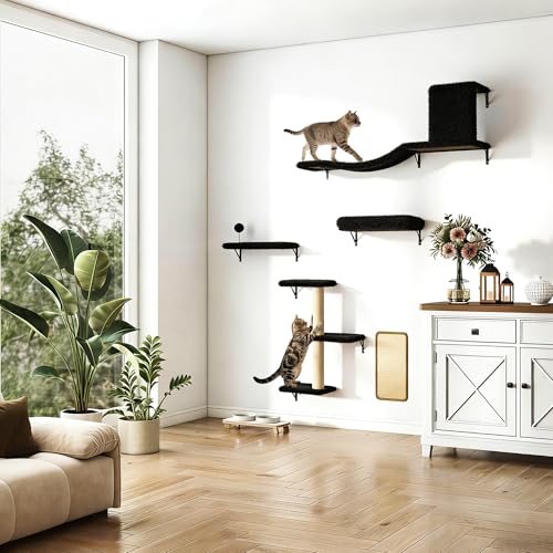 COZIWOW 5Pcs Wall Mount Cat Tree & Shelf Furniture for Large Cats, Black - color: Black