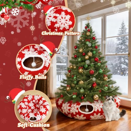 Cat Tunnel Christmas Tree Skirt, Foldable Peekaboo Donut Cave Bed - color: Red