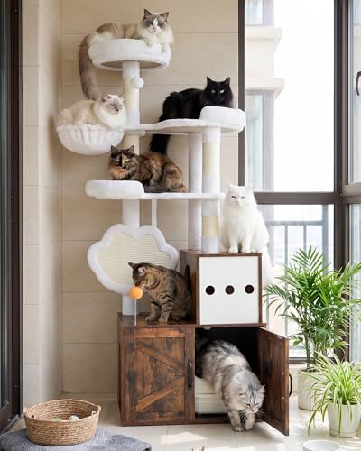 Heybly Cat Tree with Litter Box Enclosure, Modern 64" Hidden Tower HCT105SR - color: Rustic Brown