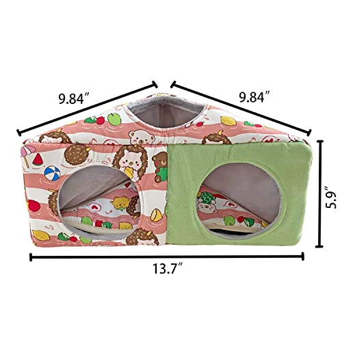 Hedgehog Fleece Corner Hideout Cave Collapsible Pet Play Toy Tunnel Tube Warm House Hidey Hut for Sugar Glider Ferret Hamster Small Animal Beds (Pink/Green)