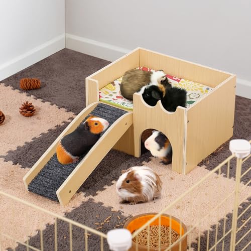 MEWTOGO Upgraded Sturdy Wooden Guinea Pig Castle with Stairs & Mat - size: Small