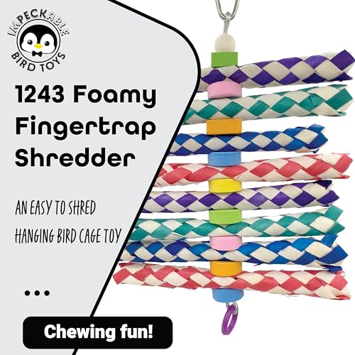 1243 Foamy Fingertrap Shredder Bird Toy - Interactive Bamboo & Foam Bead Foraging Toy for Small to Medium Parrots - Colorful Enrichment with Rubber Ring & Wood Accents - Perfect for Conures, Parakeets