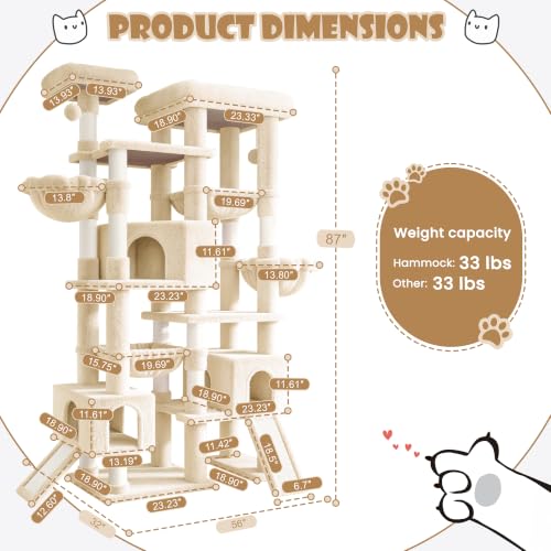 SHA CERLIN 87 in Multi-Level Tall Cat Tree Tower for Large Cats/Extra Wide Feline Activity Center/Sisal Scratching Posts/Wide Base/Cozy Plush Perches/Baskets/Hammocks/Toy Balls/Beige - color: Beige