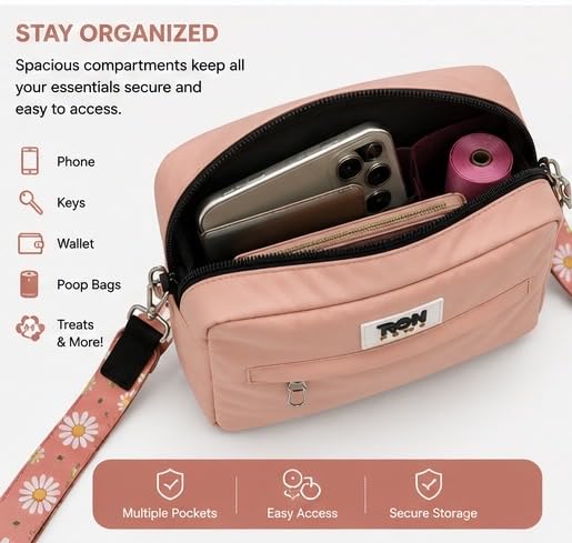 Hands-Free Dog Walking Crossbody for Training, Treat Pouch, Built-in Poop Bag Dispenser, Used Bag Hook & Bonus Tripod (Pink) - color: Blush Pink