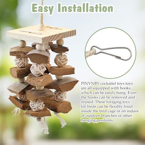 PINVNBY Bird Toys Parrot Toys, Natural Wood Bird Chewing Toys, Parakeet Hanging Toys for African Grey Macaws Cockatoos Eclectus Small and Medium Parrots(with Coconut Shell) - size: D: With Coconut Shell