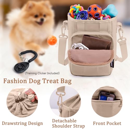Stylish Dog Training Treat Pouch with Waist & Shoulder Strap, Dog Treat Bag for Walking and Training, Removable Waterproof Liner, Drawstring Treat Holder with Front Pocket & Clicker - color: Camel