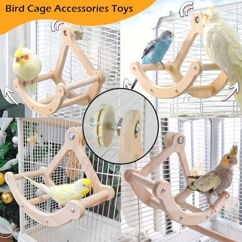 2Pcs Bird Foraging Toys Puzzle, Bird Slow Feeder Mats, Interactive Parrot Foraging Toys & Birds Perch Toy, Interactive Rocking Parakeet Toys and Perch, Wooden Exercise Wheel Cockatiel Toy