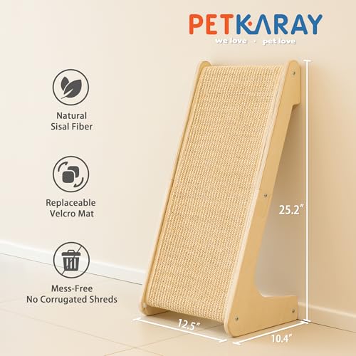 PETKARAY L Shape Cat Scratcher, Sisal Kitty Scratching Ramp, Vertical Scratch Pad for Indoor Cats, 25.2" Furniture Protector with Catnip, Classic - color: Classic