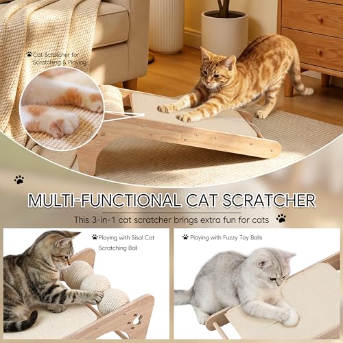 Cat Scratcher for Indoor Cats, Sisal Cat Scratching Board with 3 Sisal Scratch Balls, Solid Wood Cat Scratchers Pad Ramp, L-Shaped Cat Scratching Post