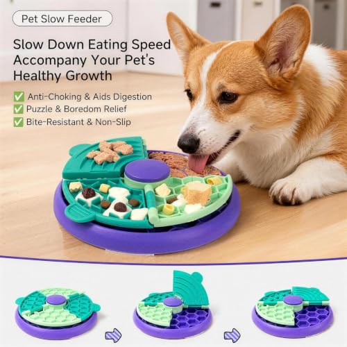 3-in-1 Slow Feeder Dog Bowl, Interactive Puzzle Feeder & Lick Mat - color: Flippable Puzzle Feeder (Purple)