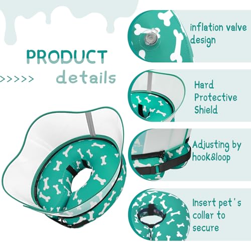 Supet Raised Inflatable Dog Cone Collar to Stop Licking, Soft Dog Cone Alternative After Surgery, Pet Neck Donut Collar for Small Medium Large Dogs - color: T Bone Green, size: S(Neck 7"-9.5")