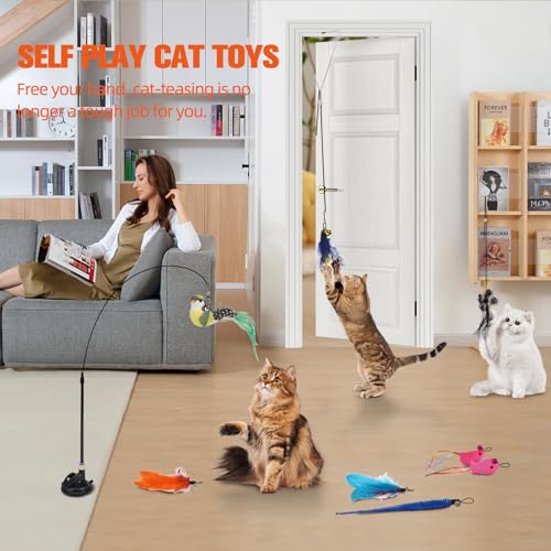 PAWCHIE Cat Wand Toy,19 Pcs Interactive Cat Feather Toy,Reusable Suction Cup Cat Bird Simulation Toy Set,Self Play Cat Kitten Toys for Indoor Play Exercise，Hanging String and Mouse Toy
