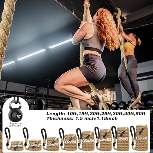 Climbing Rope Gym Exercise Ropes - 1.5 Inch Diameter 10FT 15FT 20FT 25FT 30FT 35FT 40FT 50FT Climb Rope for Fitness & Strength Training, Workout Climbing Rope for Adults Home Indoor or Outdoor - style: 1.5inch-50ft