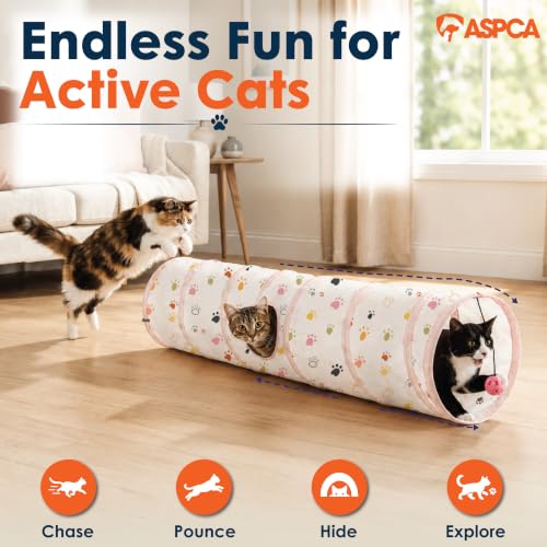 ASPCA Cat Tunnel with Rattle Toy – Interactive Collapsible Cat Tunnel for Indoor Cats, Crinkle Play Tunnel with Hanging Rattle Toy, Encourages Hiding, Chasing, Pouncing & Active Play, Paw Printed - color: Paw Printed