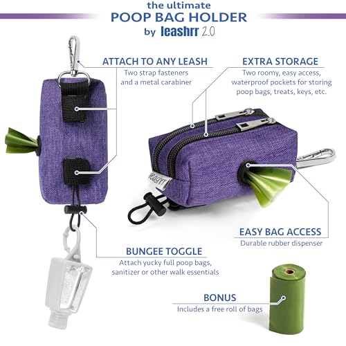 Dog Poop Bag Holder for Leashes and Treat Holder with 2 Waterproof Pouches - color: Purple