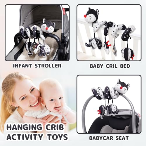 Koty Car Seat Toys, Infant Baby Spiral Plush Activity Hanging Toy for Stroller Bar Pram Crib with Music Box BB Squeaker & Rattles(Black Fox) - color: Black & White Fox