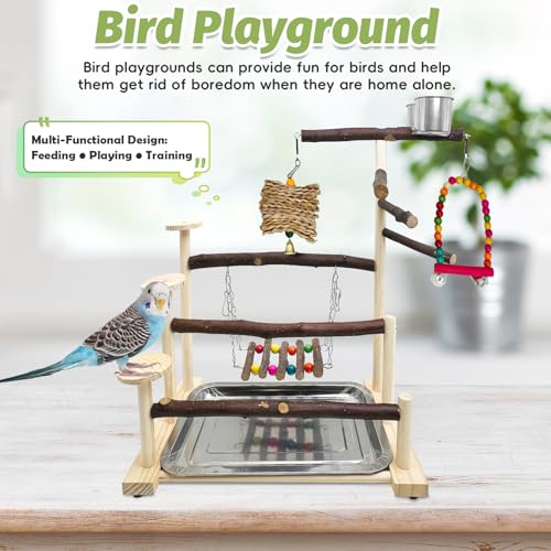 PINVNBY Wood Parrot Perch Stand Bird Playground Portable Exercise Bird Gym - size: Three Floors With Chew Toys