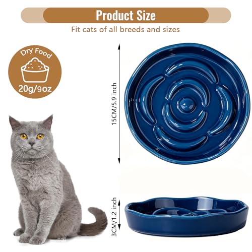 Slow Feeder Cat Bowl Set of 2, Ceramic Slow Feeding Cats Bowl Whisker Friendly, Anti Vomiting Cat Feeder for Dry and Wet Food，Fun Maze Interactive Bloat Stop Puzzle Bowls for Healthy Eating Diet - color: Navy blue