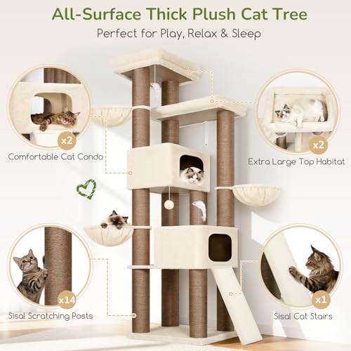 Globlazer 84" Multi-Level Large Cat Tree Tower with Extra Thick Full Sisal Scratching Posts, 2 Cat Condos, 3 Hanging Baskets, 2 Extra Large Platforms & Cat Scratching Ramp,S84, Beige - color: Beige, size: 84 Inch