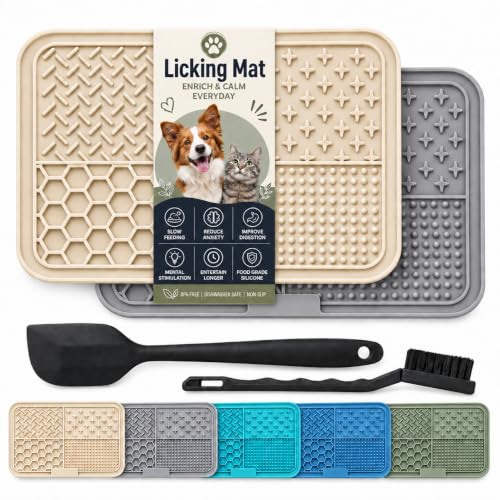Dog Lick Mat for Dogs & Cats, 2 Pack Silicone Lick Pad with Strong Suction Cups, Slow Feeder Mat for Bathing, Grooming, Anxiety Relief, Peanut Butter, Wet Food & Treats - color: Beige+Gray