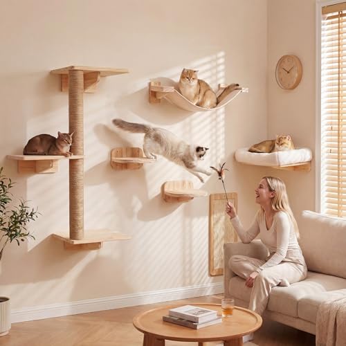 6-in-1 Cat Wall Shelves for Large Cats, Wall Mounted Climber with Hammock - color: White