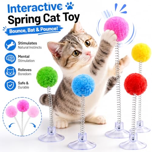 5pc Suction Swatter Cat Toy - 6 Inch with Spring and Plush Ball, Bouncing Cat Teaser for Indoor Kittens and Cats, Self-Play Exercise and Entertainment Pet Toy - Swatting Toy for Cats(Random Colors)