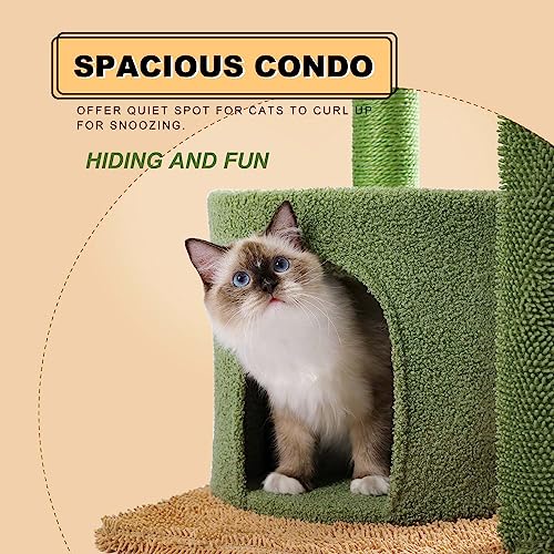 MUTTROS Cactus Cat Tree, Multi-Level Cat Tower with Large Metal Carpet Hammock, Cat Scratching Post for Indoor Cats with Condo & Replaceable Toy Ball, Green - color: Cactus Green, size: 38"
