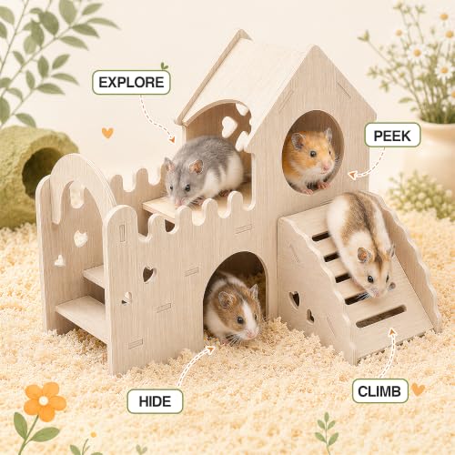 Wooden Hamster & Guinea Pig Castle Hideout, Double-Decker Maze Hut