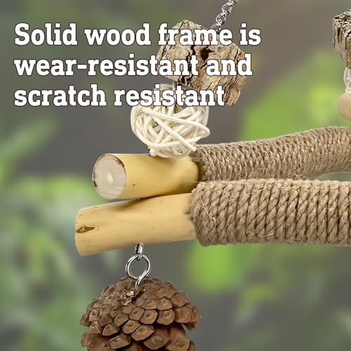 Bird Swing with 3 Bells & Natural Chew Toys – Triangular Perch Stand with Sisal Rope for Parakeets, Cockatiels, Lovebirds, Conures, Parrot – Stable Balance Trainer & Beak Care