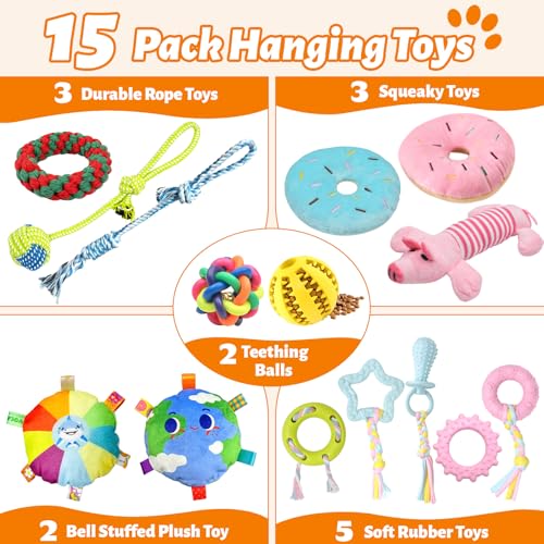 Puppy Play Gym with 15 Hanging Toys for Small Dogs, PVC Frame with Bungee Straps, Interactive Indoor Jungle Playground for Entertainment, Teething and Mental Stimulation - color: Orange, size: 15 Toys