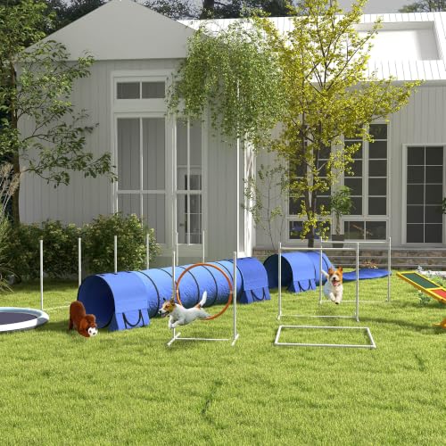 PawHut 7 Piece Dog Agility Training Equipment, Dog Obstacle Course Starter Kit with Tunnels, Weave Poles, Adjustable Hurdles, Jumping Ring, Pause Box, Whistle, Blue