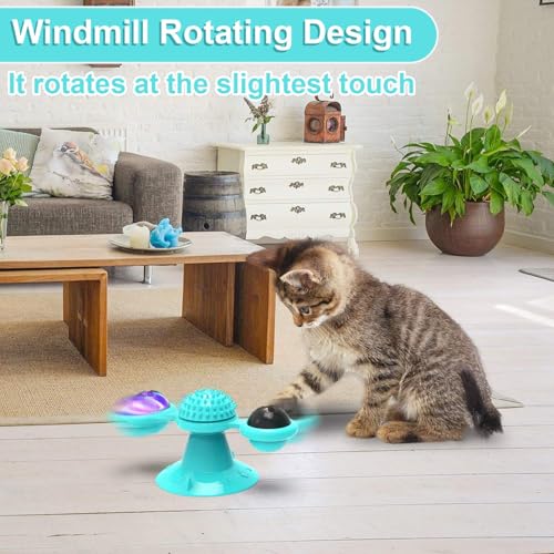 GBSYU Interactive Windmill Cat Toys with Catnip : Cat Toys for Indoor Cats Funny Kitten Toys with LED Light Ball Suction Cup‖Cat Nip Toy for Cat chew Exercise - color: Blue